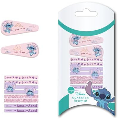 Lot de 4 épingles à cheveux et 8 chouchous Stitch - Couleur rose et lilas - Fabriqués avec des matériaux résistants - Imprimé inspiré du Stitch - Produit original conçu en Espagne