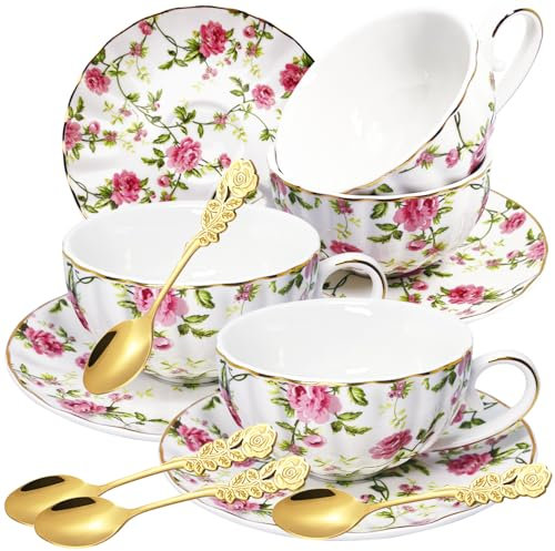 TEVLAUXO Juego de 4 tazas de té y platillos de porcelana, tazas de té floral, patrón de rosas de flores, juegos de té antiguos, 6 onzas, con ribete dorado, juego de té con cuchara, café helado, regalo