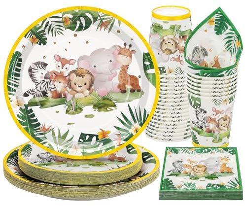 Party Go Juego de vajilla de fiesta de animales de la selva, 96 unidades, platos de papel desechables, vasos para fiestas en la selva, vajilla, platos para servir a 24 invitados