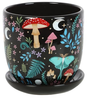 Stunning Dark Forest Print Plant Pot: Flora and Fauna Inspired Design - Showcase Your Plants in Style - Vibrant Pot with Moon and Star Accents