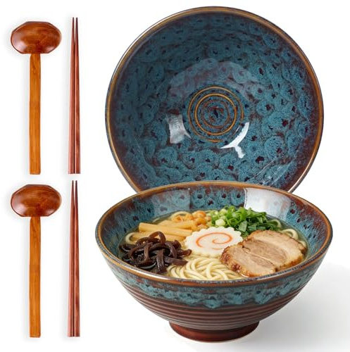 STE-CER Japanisches Ramenschüssel-Set aus Keramik mit Essstäbchen, 20,3 cm, 1,134 ml, Pho Schalen und asiatische Suppenschüssel und Löffel, Set für Udon-Nudeln, Soba, Miso-Suppe, 2 Stück (Pfauengrün)