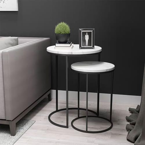 Drsyffsup Tables Basses gigognes Modernes Ensemble de 2 | Table d'appoint Ronde empilable avec Cadre en métal Noir | Tables Consoles de canapé pour Salon, Balcon, Chambre à Coucher