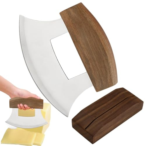 Mezzaluna-Schneider, Alaska-Pizzaschneider | Ulu Rocker Slicer Cutter - Ergonomischer, rutschfester Griff, Edelstahl-Alaskan-Ulu-Schneider mit Holzständer zum Schneiden von Salaten