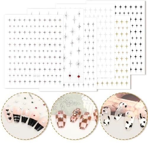 Dimeho Star Nail Art Stickers 3D Glitter Star Stickers & Decals for Nail Art Gold Silver White Black Stars Nail Design Stickers Acrylic Nail Charms DIY Nail Tips Manicure Decoration Supplies 6 Sheets