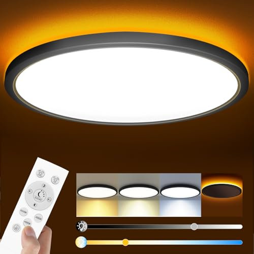 Slochi LED Deckenleuchte, 36W 4200LM Deckenlampe Flach Dimmbar mit Fernbedienung, 1800K Nachtlicht Warm, 3000K-6500K, Ultra Dünn Schlafzimmer Lampe für Schlafzimme Wohnzimmer Kinderzimmer-Rund Schwarz