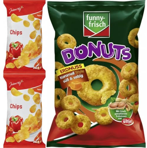 Jeden Tag Chips Paprika 200 Gramm x 2 STÜCK, Funny-frisch Donuts Erdnuss Karamell Style süß & salzig Chips Cracker 110 gramm x 1 Stück