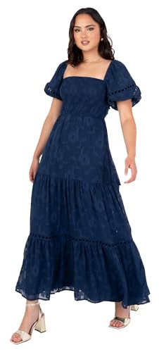 Lovedrobe Women's Maxi Dress Ladies Square Neckline Puff Sleeve Tiered Hem Floral Chiffon Shirred A-line Tie Back Milkmaid, Navy Blue 12