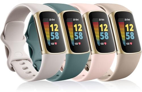 CeMiKa 4Pack Soft Silicone Sport Bands Compatible With Fitbit Charge 5/6, Breathable Waterproof Adjustable Wristband, Small Large