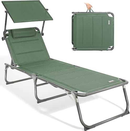 Homecall Sonnenliege Klappbar Gartenliege mit Dach, Kopfstütze, 5-Fach verstellbare Rückenlehne, Strandliege, Tragbarer Liegestuhl Bis 180 kg für Garten, Outdoor, Balkon, Camping - XXL (Khakigrün)