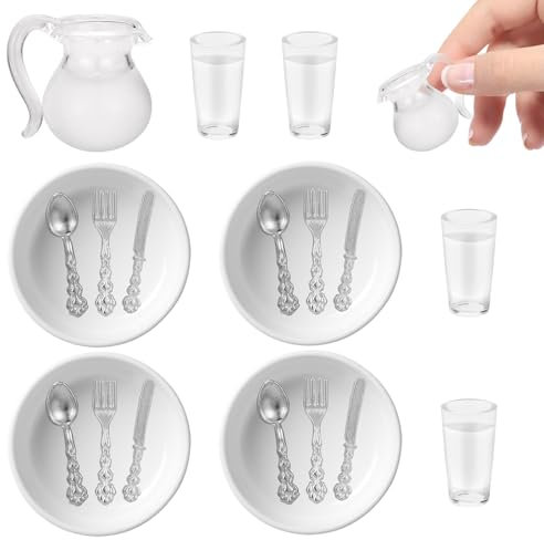 Küche Puppenhaus Zubehör, 21 PCS Miniatur Zubehör, Puppenhaus Geschirr, Miniatur Puppenhaus Zubehör, Wichtel Zubehör, 1/12 Mini Teller, Geschirr, Milchkännchen, Wasserbecher (A)