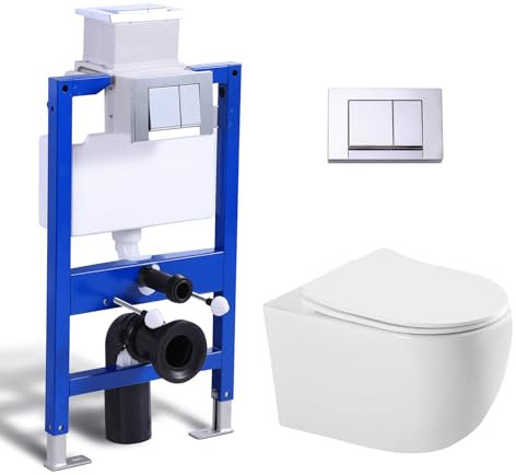 Hänge WC Spülrandlos mit Unterputz Spülkasten, Toilette und Vorwandelement WC Set Komplett, cBetätigungsplatte, Wand WC mit Soft-Close Absenkautomatik Deckel