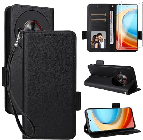 NUCNOK Cover per ZTE Blade A75 5G + [2 Pezzi] Pellicola Vetro Temperato,Pelle PU Custodia Portafoglio Flip Libro Case,Protezione Completa,Slot per Scheda,Funzione di Supporto,Nero