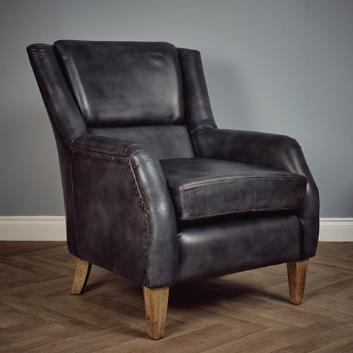 Elm home and garden 100% Real Genuine Leather Tub Aviator Wing Accent Arm Chair Brown Tan Grey 97cm High x 80cm Wide x 97cm Deep (Grey)