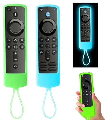 2PCS Silicone Remote Case,Protective Remote Cover,Anti Slip Re-mote Cover,Glow-in-the-Dark Silicone Case C-over with Lanyard,Protective C-over,Firestick Re-mote Cov-er Ca-se,Blue & Green