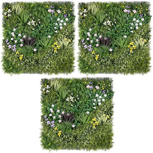 Artificial Living Wall Panels, Spring Bloom Green Plant Flower Foliage, Indoor Outdoor, Home Garden Decoration, Privacy Hedge Fence Screening, UV Stabilised, Waterproof, Natural Look (100cm x 100cm)
