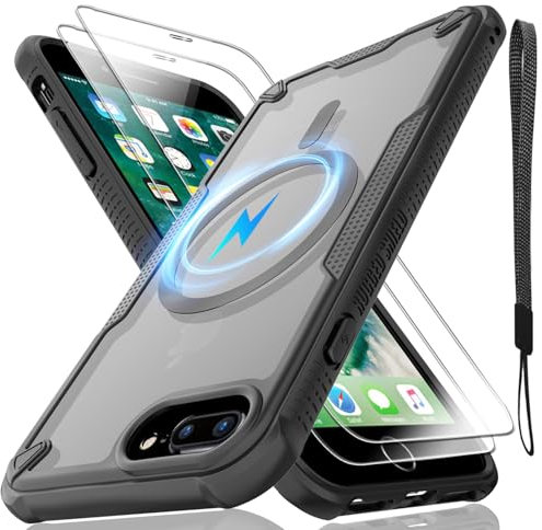 for iPhone 7/8 Plus Case, Translucent Matte Back Compatible with Magsafe Magnetic Slim Shockproof Protective Case with Lanyard Strap and 2*9H Tempered Glass Screen Protector Phone Cover 5.5-inch-Black