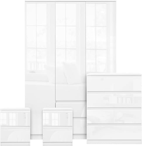 Blisswood 4 Piece High Gloss Bedroom Furniture Set - White 3 Door Wardrobe + 4 Stroage Drawer Chest of Drawers + 2 Piece of 2 Storage Drawer Bedside Cabinet - Wardrobe for Bedroom - Home Furniture