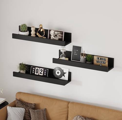 AVC Designs Floating Shelves, 60cm Shelves for wall, Wood Wall Shelves, Wooden Shelves for Bathroom, Bedroom, Office, Living Room, Kitchen, etc (3, Black)
