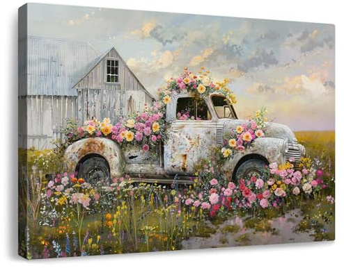 AIHNBF Rustikale Bauernhaus Wandkunst Leinwandbild - Vintage Pickup Truck mit bunten Wildblumen Feld Szene Dekor für Wohnzimmer Schlafzimmer, 60 x 90 cm