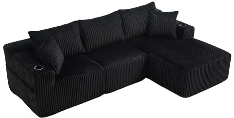 HAINEW Ecksofa Eckcouch Mit Getränkehalter und Rückenlehne, 3-Sitzer L-förmiges Sofa Couch mit Seitentasche für Wohnzimme Wohnung, 257×160×62cm, Cordstoff, Keine Installation Erforderlich (Schwarz)
