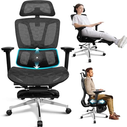 MELOKEA Fauteuil de Bureau avec Repose-Pieds, Accoudoirs 4D, Siège Réglable en Profondeur, Inclinable 4 Positions, Appui-tête 3D, Dossier Haut, Chaise de Bureau Ergonomique, Télétravail & Gaming