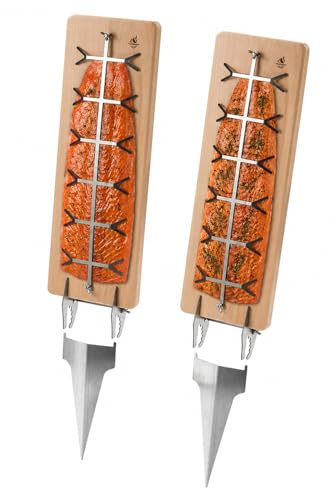 FEUERGOTT Flammlachsbrett Premium Doppelpack Buchenholz Edelstahlhalterung mit Erdsporn verstellbar für Grill Feuerschale Lagerfeuer geeignet für Lachs Forelle Fischfilet 2 Stück