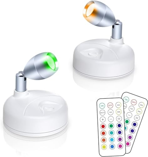 Yohiioyo RGB Wireless LED Spotlight, White 2 Pack | Battery Operated Mini Puck Light, Dimmable Uplight with Remote with Rotatable Head for Wall Art Painting Tree
