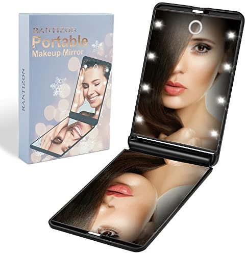 Gifts for Women Rantizon Christmas Stocking Fillers Portable Makeup Mirror Dimmable 8 LEDs Lighted Mirror 1X & 2X Magnification Cosmetic Illuminated Handbag Mirror Foldable Pocket Compact Mirror