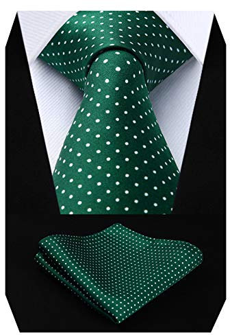 HISDERN Krawatte Grün Herren Krawatten mit Einstecktuch Punkte Krawatte Hochzeit und Taschentuch Set