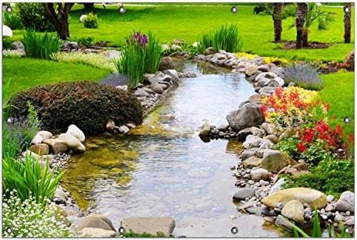 Wallario Outdoor-Poster für Garten oder Balkon Blumen am Teich, Motivbanner Größe: ca. 100 x 150 cm, Outdoor-Bild