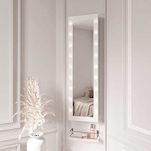 IceCreamLiving Porte en Cristal Montage Mural Toute la Longueur Chambre Miroir Armoire à Bijoux Avec Lumières LED et Support Sèche-Cheveux Avec Rangement Étagères Pour Le Maquillage Cosmétique (Blanc)