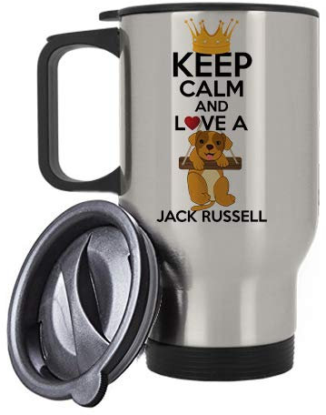 Keep Calm and Love a Jack Russell Themed 14 oz Travel Mug. – Gift for Christmas, Mothers/Fathers Day. (Silver)