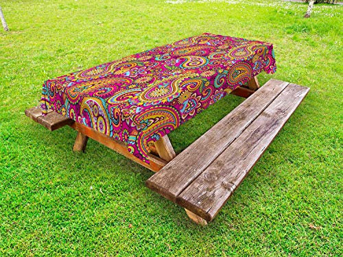 ABAKUHAUS Bunt Outdoor-Tischdecke, Paisley Osten, dekorative waschbare Picknick-Tischdecke, 145 x 210 cm, Pink Braun Gelb