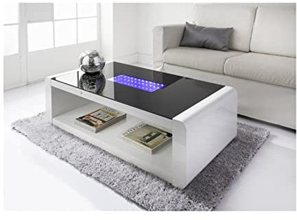 spot on dealz® LED High Gloss Coffee Table White With Glass Top Modern Rectangular Living Room Furniture Decoration Stunning Design Blue Light Battery Operated