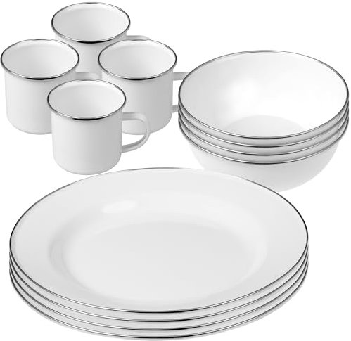GRÄWE Emaille Camping Geschirr Set für 4 Personen, weiß, Teller, Schüsseln, Becher mit Henkel für Outdoor-Erlebnisse, Ideal für Camping und Picknick