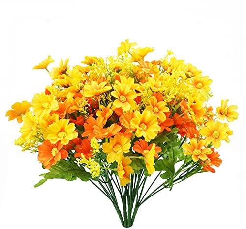 Artificial Fake Flowers, 6 Bundles Daisy Mums Flowers Outdoor UV Resistant No Fade Greenery Shrubs Plants Indoor Outside Hanging Planter Home Wedding Office DIY Garden Porch Décor (Orange Yellow)