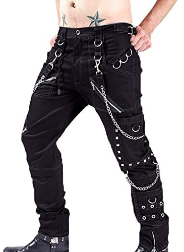 Herren Punk Rock Hose Gothic Taschen Patch Schnalle Reißverschluss Hose