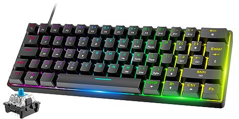 Mini 60% RGB Gaming-Tastatur,Mechanischer Blaue Schalter mit Kompakten 62 Tasten,18 RGB LED-Chroma-Hintergrundbeleuchtung, Abnehmbares USB-Typ-C-Kabel,UK-Layout, Ergonomic for PC Mac Laptop-Schwarz