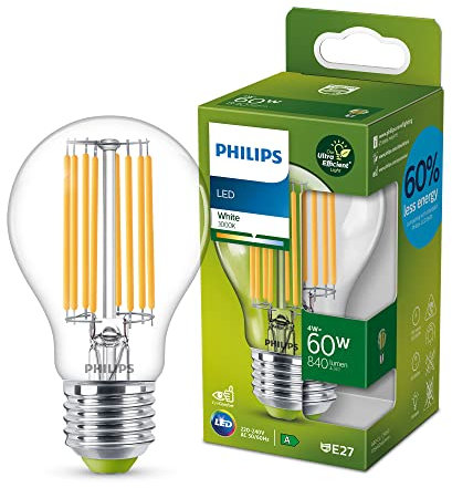 Philips LED Classic ultraeffiziente E27 Lampe (60 W), LED Lampe mit neutralweißem Licht, energiesparende Lampe mit langer Nutzlebensdauer, Energieeffizienzklasse A, Warmweiß