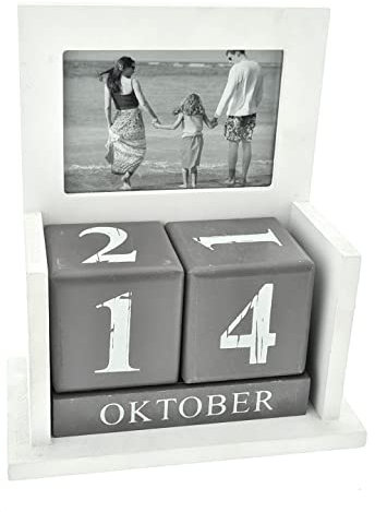 Casablanca Deko Tisch-Kalender mit Bilderrahmen, komplett aus Holz, mit Würfel für die Tag und Monat-Anzeige, 16,5x19,5x8,5cm, grau weiß