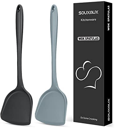 2 Stück Silikon-Wok-Spatel, Antihaft-BPA-freie hohe hitzebeständige praktische Küchenutensilien zum Kochen, Backen, Eierdrehen, Pfannkuchen, Burger(Schwarz+Grau)