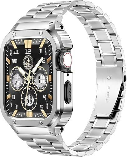 MioHHR Stainless Steel Watch Band with Case Compatible for Apple Watch Bands 38/40/41/42/44/45/46/49mm,Rugged Strap with Metal Cover for iWatch Ultra 3/2/1 Series 11/10/9/8/7/6/5/4/SE/3/2/1 for Men