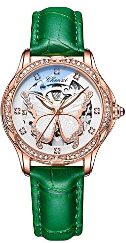 rorios Damen Uhren Leuchtend Skelett Armbanduhren Automatische Mechanische Uhren Lederband