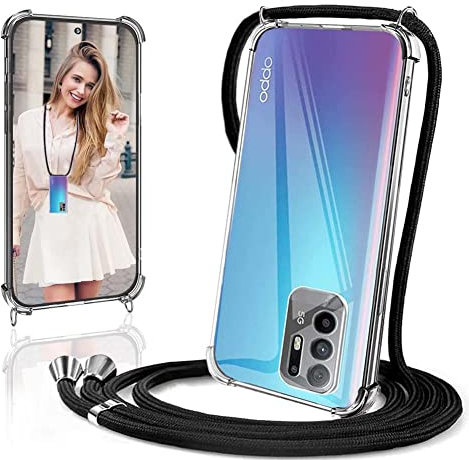Ptny Coque avec Cordon Compatibles avec Oppo A94 5G, étui en TPU Silicone Transparent avec Réglable Téléphone lanière, Case pour Oppo A94 5G, Noir