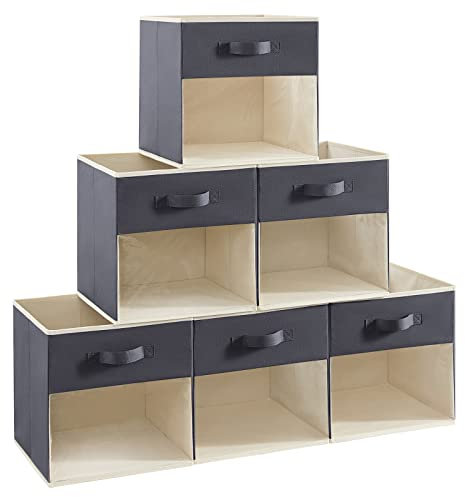 Lifewit Cube Storage Boxes Set of 6, Fabric Storage Box with a Clear Window and Handles, Foldable Storage Cubes Clothes Organiser for Wardrobe, Closet, Shelves, Large, Grey