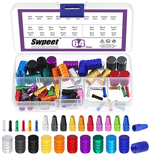 Swpeet 64Pcs 3 Arten Fahrrad Kabel Endkappen Sortiment Kit, Multi Farbe eloxiertem Aluminium-Legierung Radfahren Ventilkappe Adapter Kappe Fahrradreifen Kappen für, Blau, Rot, Schwarz