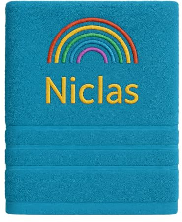 Pet-Jos Regenbogen Personalisiertes Handtuch mit Namen Schön gestickter Name Handbadetuch 100% Baumwollhandtuch Personalized Custom Towel with Name (100 x 50 cm, Regenbogen)
