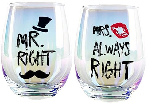 JUWNMANT Set of Two Mr. Right and Mrs. Always Right Colored Wine Glass, no Handle Wine Glasses for Wedding, Engagement Gift, Christmas Valentine's Day Couple Wedding Gift