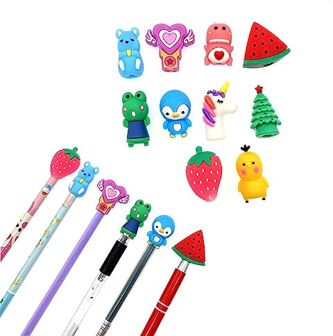 JZK 10x Silikon-Bleistiftkappen, Stiftkappen-Ersatz für Kugelschreiber und Gel-Tintenstifte, Bleistiftspitzenschutz, Fruchttier-Bleistiftaufsätze für Kinder, süße Bleistiftaufsätze