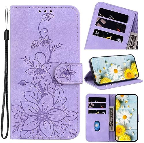 Handyhülle für Nokia 5.4 Hülle Leder, Nokia 5.4 Blumen Flipcase Handytasche Book Tasche Case mit Kartenfach Magnet Schutzhülle für Nokia 5.4 Handy Hüllen lila